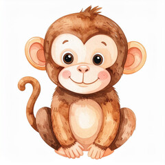 Naklejka premium Watercolor painting of cute monkey character, hand drawn, expressive face, animal portrait, wildlife