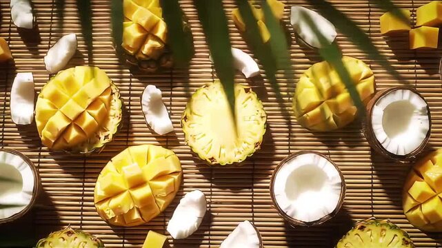 tropical fruit pattern mango pineapple coconut on sunlit bamboo mat vibrant healthy summer theme.