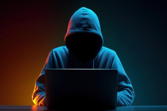Anonymous Hacker in a Blue Hoodie in Front of a Laptop