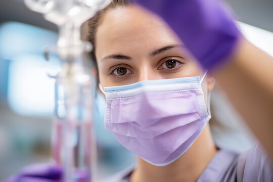 Focused female medical professional in protective mask adjusting intravenous therapy drip