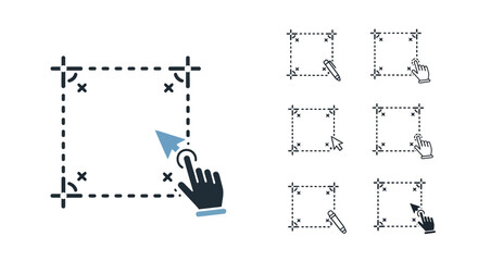 Cropping Tool Icon Set with Hand Cursor for Image Editing.