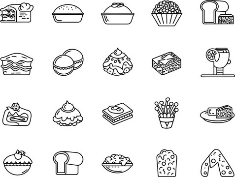 Collection of hand drawn sketch icons representing various food items and baked goods - Powered by Adobe