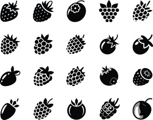Collection of various black and white berry icons on a white background