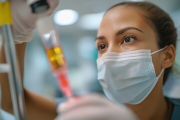 Female surgeon in a protective mask carefully preparing a plasma infusion drip