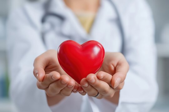 Female doctor in a white coat holding a red heart shape with two hands