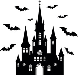 Haunted castle silhouette with gothic towers and flying bats, black vector design for Halloween, horror, and spooky architecture themes