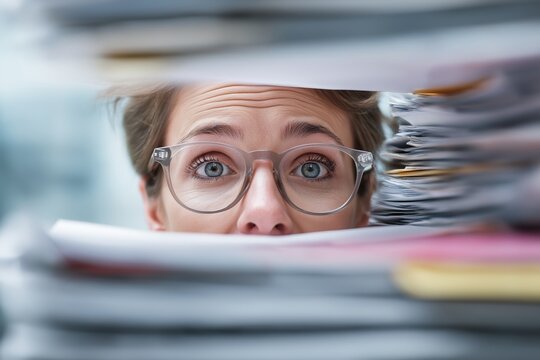Anxious businesswoman with glasses peeking over a massive stack of paperwork
