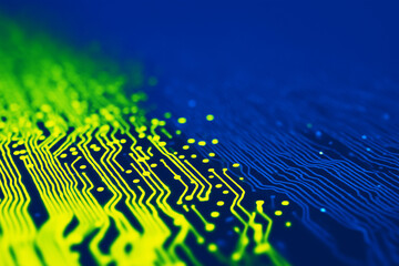 Neon green and blue electronic circuit pattern