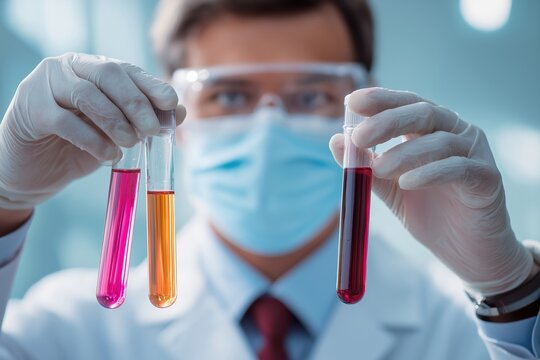 Male scientist in a mask and goggles holding up three test tubes with colorful liquids - Powered by Adobe