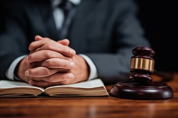 Judge with clasped hands sitting at a desk with a gavel and an open law book