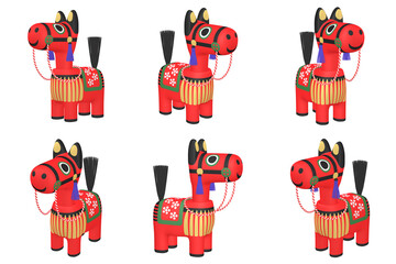 干支のイラスト素材　午年　馬の首振り人形（1）　赤　カット六点セット