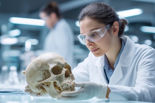 Female forensic anthropologist examining a human skull in a scientific laboratory