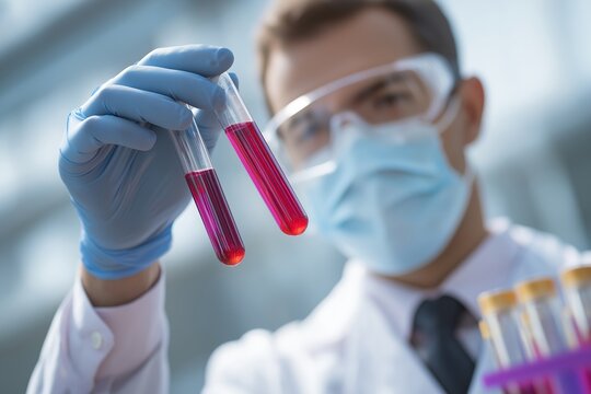Male scientist in protective gear looking at two test tubes with red liquid