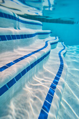Obraz premium Underwater View of Pool Steps with Blue Tile and Sunlight Reflections in Clear Water