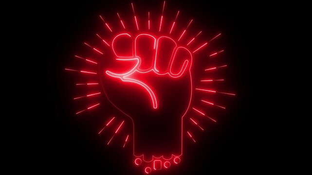 neon glowing fist power animation energy hand icon .Animated neon fist symbol with radiant energy representing strength and action. 4k motion graphics video .