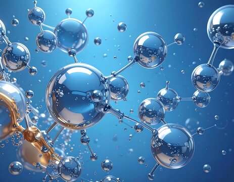 Abstract illustration of molecules,  depicting a complex, dynamic network of  interconnected spheres in blue and gold.  Shiny, reflective surfaces