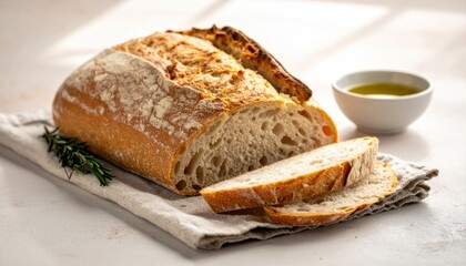 Freshly baked bread loaf with sliced pieces and olive oil presentation