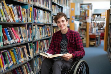 Happy Disabled Student in Wheelchair Studying in Library