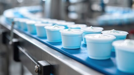 Fototapeta premium Stunning photo of yogurt cups on conveyor belt in food production factory, close up view.