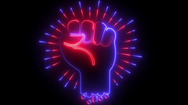 neon glowing fist power animation energy hand icon .Animated neon fist symbol with radiant energy representing strength and action. 4k motion graphics video .