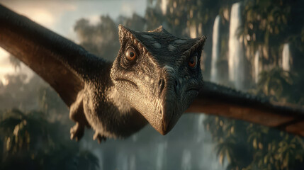 Close-up of a flying dinosaur with tropical jungle background