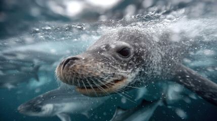 Curious seal swimming underwater with fish in the ocean, close-up sea lion, concept of animal, wildlife and nature