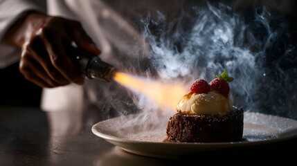 Chef caramelizing a gourmet dessert with a blowtorch topped with ice cream and raspberries