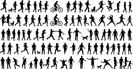 Human and animal silhouette icon set with walking, running, biking, and dog interactions, black vector for motion, lifestyle, and activity themes