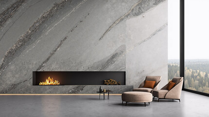 Modern minimalist living room with fireplace, elegant armchairs, and panoramic window view