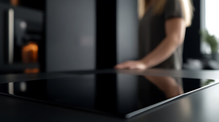 Modern kitchen design featuring sleek surfaces. The black cooktop, with its reflective surface, anchors the space in a minimalist style.