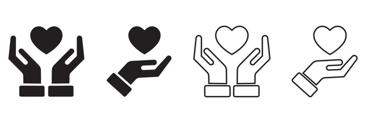 Obraz premium Heart in Hand Icon Set – Love, Care, and Donation Symbols | Helping Hands and Healthcare Vector Illustration