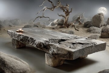 Halloween night: where haunted structures meet spooky scenery. Film poster. Enchanted halloween: wood table, bare tree silhouette, and moonlit mists. Poster illustration. Movie artwork.