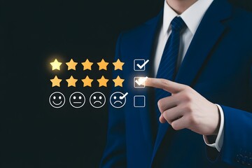 A man selecting a customer feedback icon on a digital interface, focusing on satisfaction levels. The man is dressed in a formal suit, and the interface presents star ratings and emoticon options