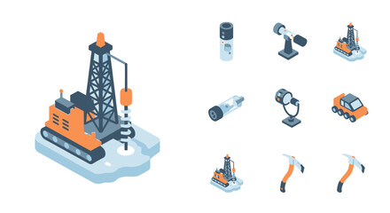 Fototapeta premium Isometric Arctic Research and Polar Exploration Equipment Set.