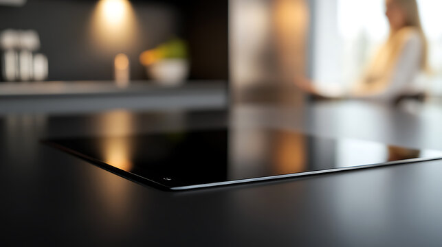 Sleek induction cooktop in a modern kitchen. Minimalist design with a glossy black surface and blurred background, inviting culinary creativity.