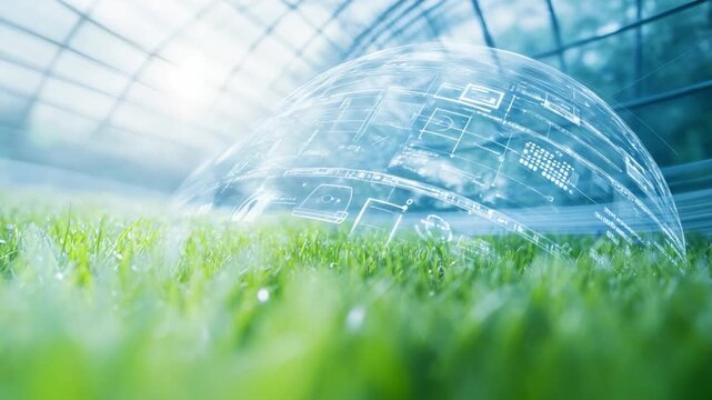 Protected Earth: A transparent dome encapsulates a vibrant patch of grass, symbolizing environmental preservation and sustainable technology. It evokes themes of protection, innovation.