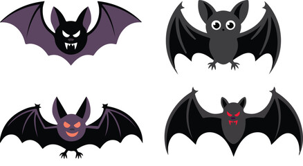 Set of Cartoon Bats in Flat Halloween Style