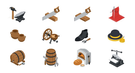 Isometric Icons of Crafting Tools and Objects - A Collection of Artisan Elements.