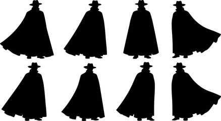 Mysterious character silhouette set with wide-brimmed hat and flowing cape, black vector design for fantasy, drama, and animation themes