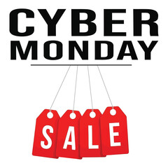 Cyber Monday sale graphic with hanging red price tags. Vector typography for online retail and e-commerce promotion.