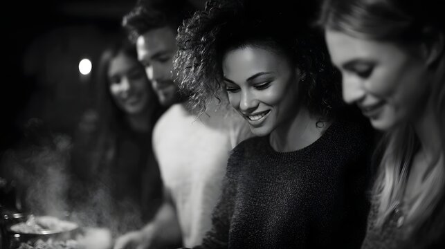 Diverse friends smiling while cooking together in a warmly lit kitchen with steam visible