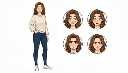 Cartoon brunette woman character with different facial expressions for animation and emotion design