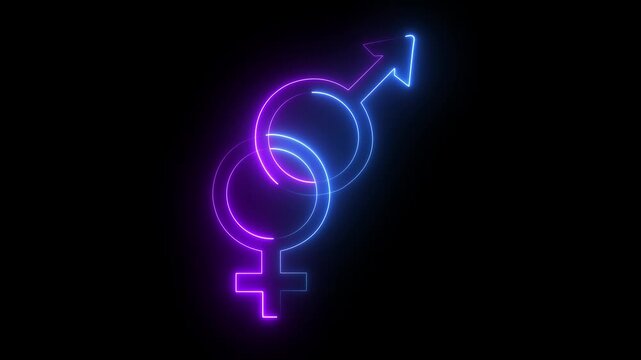Glowing neon male and female icons. Neon male female logo icon symbol on black background. Male And Female gender Equality Symbol Animation .Male and female sign of gender equality motion graphic icon