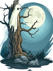 A ghost is depicted in a spooky forest against the backdrop of the moon.