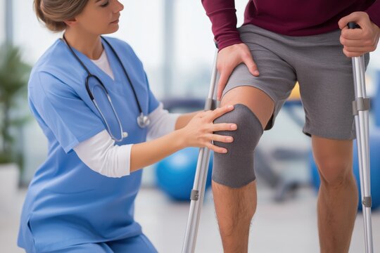 Female Nurse Assisting a Male Patient with a Knee Injury - Powered by Adobe