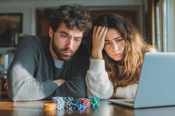 Fototapeta premium Stressed Couple Looking at a Laptop with Poker Chips