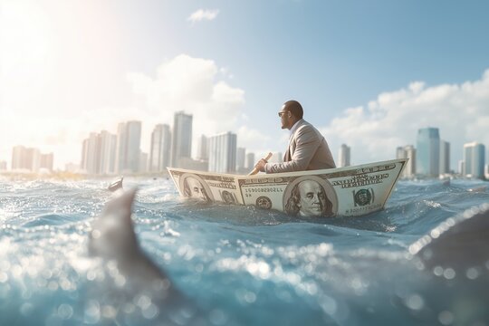 Businessman in a Dollar Bill Boat Surrounded by Sharks - Powered by Adobe