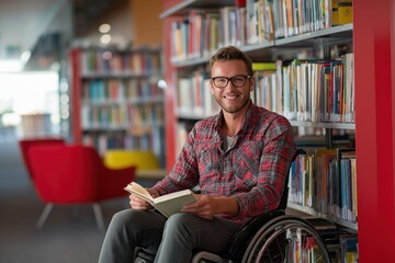 Happy Disabled Man in a Wheelchair Reading a Book in a Library