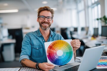 Happy Graphic Designer Showing a Color Wheel