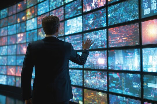 Man in Suit Interacting with a Wall of Video Screens